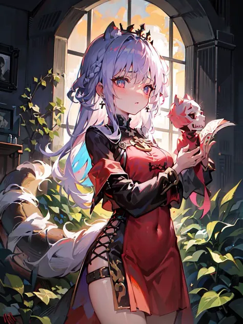 (masterpiece, sidelighting, finely detailed beautiful eyes: 1.2),
view and cowboy_shot, LightYellow odd crown_braid style and Maroon camouflage eye of girl wearing skull_mask and cross-laced mixture of MediumVioletRed and FireBrick of tangzhuang or wearing LightPink of pelvic_curtain, cross-laced of jacket and tiara or wearing raccoon ears and snowflake_earrings , leaning_on_object, begging or tail_hug, praying, gardening,