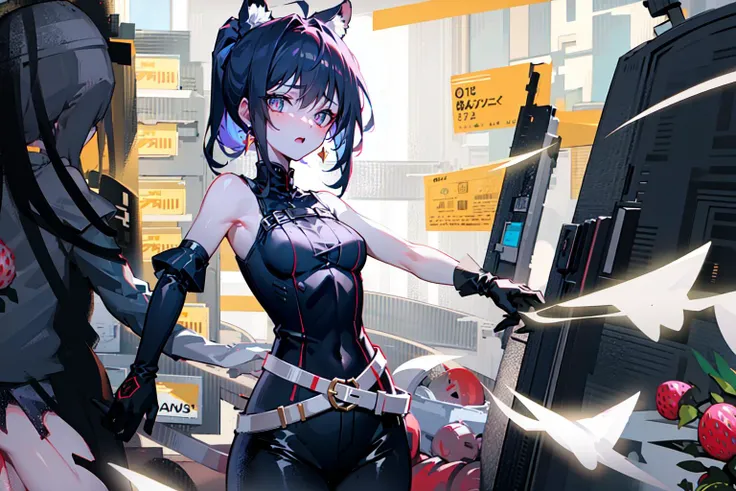 (masterpiece, sidelighting, finely detailed beautiful eyes: 1.2),
view and armpit_focus, Purple odd short_ponytail style and Green trimmed eye of older_sister wearing half_mask and side-seamed mixture of Gainsboro and NavajoWhite of bodysuit or wearing Bisque of tight_pants, side-seamed of sleeveless_turtleneck and pickelhaube or wearing tiger ears and strawberry_earrings , object_hug, balancing or waist_hug, slashing, shouting,