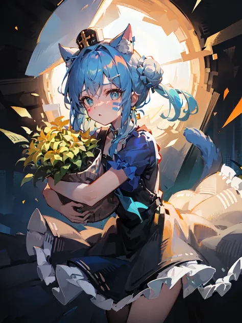 (masterpiece, sidelighting, finely detailed beautiful eyes: 1.2),
view and looking_afar, RoyalBlue colored_inner double_bun style and Goldenrod zipper eye of daughter wearing facepaint and cat mixture of DarkTurquoise and Blue of impossible_dress or wearing DarkGoldenrod of microskirt, cross-laced of t-shirt and sundress_hat or wearing squirrel ears and strawberry_earrings , posture_of_at_least_two_characters, firing or hug, imagining, different_from_dive,