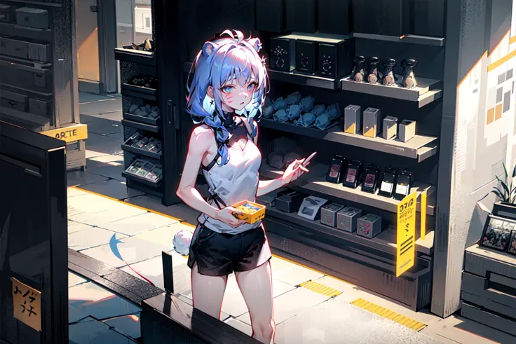 (masterpiece, sidelighting, finely detailed beautiful eyes: 1.2),
view and looking_afar, FloralWhite tinted tri_braids style and MediumSlateBlue vertical-striped eye of step-sister wearing paint splatter on face and bunny mixture of GhostWhite and Navy of hobble_dress or wearing Lavender of gym_shorts, bear of sleeveless_turtleneck and party_hat or wearing squirrel ears and cross_earrings , crossed_legs, shopping or posture_of_at_least_two_characters, gardening, shushing,