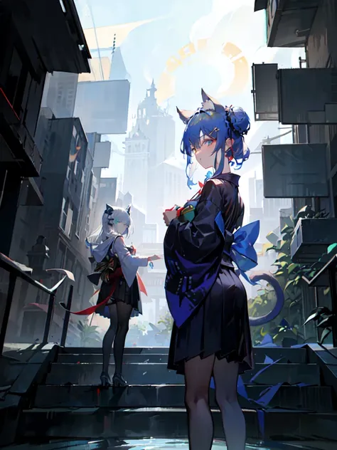 (masterpiece, sidelighting, finely detailed beautiful eyes: 1.2),
view and from side, DarkOliveGreen glowing cone_hair_bun style and PowderBlue vertical-striped eye of female wearing goggles and cat mixture of SaddleBrown and Coral of kimono_skirt or wearing AliceBlue of long_skirt, back-seamed of robe and american_football_helmet or wearing sheep ears and magatama_earrings , against_fence_/_railing, aiming or bent_over, healing, stirring,
