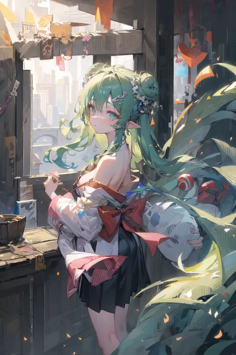 (masterpiece, sidelighting, finely detailed beautiful eyes: 1.2), view and from side, DarkOliveGreen glowing cone_hair_bun style and PowderBlue vertical-striped eye of female wearing goggles and cat mixture of SaddleBrown and Coral of kimono_skirt or wearing AliceBlue of long_skirt, back-seamed of robe and american_football_helmet or wearing sheep ears and magatama_earrings , against_fence_/_railing, aiming or bent_over, healing, stirring,
