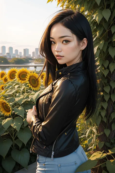 KM_thuy, (portrait art designed by Tran Nguyen:1.0) and (Stephen Shore:1.2) and (Tom Whalen:1.2) , lovely On pale Lime green paper, hyper detailed, 3/4 view of a Scenic Personal Black and Gold ("I can't help falling in love with you.":1.3) , infused with Orange electric sparks city and Sunflower background, dense foliage with Shrub, at Sunset, in focus, Surprising, Rule of Thirds, Vaporwave, spotlight, Circular polarizer, Ambrotype, quantum wavetracing, intricate, professional, extremely hyper aesthetic
