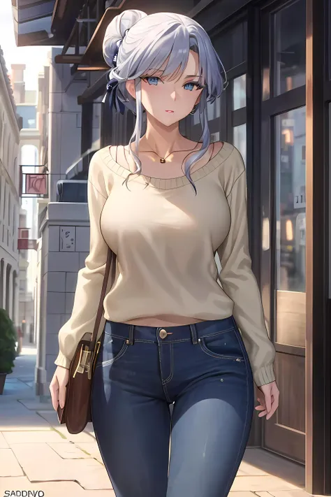 (masterpiece:1.2, best quality), (finely detailed beautiful eyes: 1.2), solo focus, landscape, (extremely detailed CG unity 8k wallpaper, masterpiece, best quality, ultra-detailed, best shadow), (detailed background), (beautiful detailed face, beautiful detailed eyes), 1girl, saraliya , single hair bun , long hair, jeans, sweater , causal clothes , milf, mature female, large breasts, High contrast, beautiful elegant woman, adult, (best illumination, an extremely delicate and beautiful),(simple backround, outdoors, walking in the streets), looking at viewer,beautiful detailed glow,
