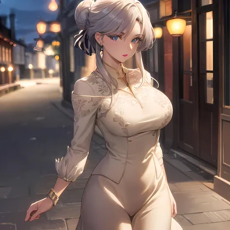 (masterpiece:1.2, best quality), (finely detailed beautiful eyes: 1.2), solo focus, landscape, (extremely detailed CG unity 8k wallpaper, masterpiece, best quality, ultra-detailed, best shadow), (detailed background), (beautiful detailed face, beautiful detailed eyes), 1girl, saraliya , single hair bun , long hair, dress, modest clothing, jewelry, lipstick, makeup, milf, mature female, large breasts, High contrast, beautiful elegant woman, adult, (best illumination, an extremely delicate and beautiful),(simple backround, outdoors, walking in the streets), looking at viewer,beautiful detailed glow,