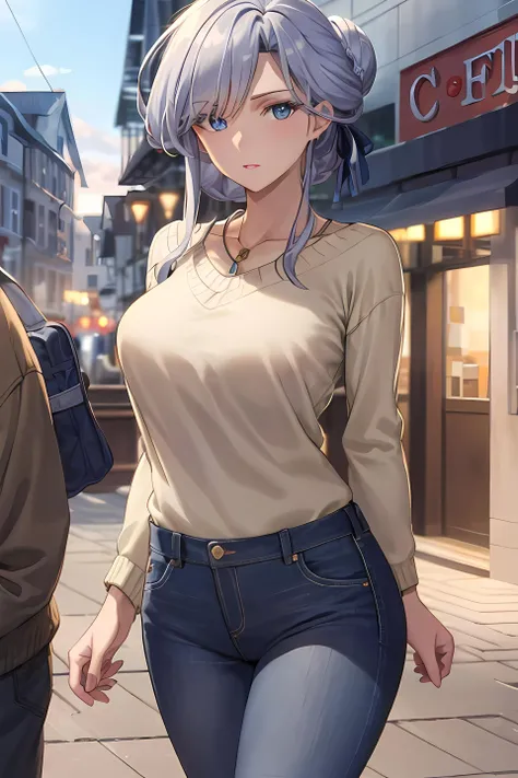 (masterpiece:1.2, best quality), (finely detailed beautiful eyes: 1.2), solo focus, landscape, (extremely detailed CG unity 8k wallpaper, masterpiece, best quality, ultra-detailed, best shadow), (detailed background), (beautiful detailed face, beautiful detailed eyes), 1girl, saraliya , single hair bun , long hair, jeans, sweater , causal clothes , milf, mature female, large breasts, High contrast, beautiful elegant woman, adult, (best illumination, an extremely delicate and beautiful),(simple backround, outdoors, walking in the streets), looking at viewer,beautiful detailed glow,
