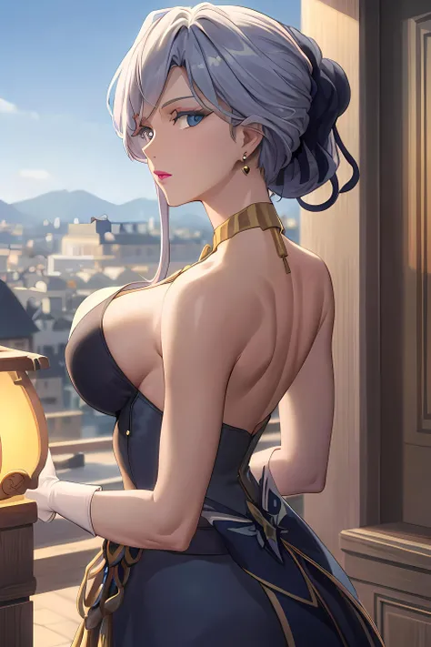 (masterpiece:1.2, best quality), (finely detailed beautiful eyes: 1.2), solo focus, landscape, (extremely detailed CG unity 8k wallpaper, masterpiece, best quality, ultra-detailed, best shadow), (detailed background), (beautiful detailed face, beautiful detailed eyes), 1girl, saraliya , single hair bun , long hair, makeup , lipstick , jewelry , gloves ,choker , dress, epaulettes , milf, mature female, large breasts, High contrast, beautiful elegant woman, adult, (best illumination, an extremely delicate and beautiful),(amazing backround, outdoors), looking at viewer,beautiful detailed glow,