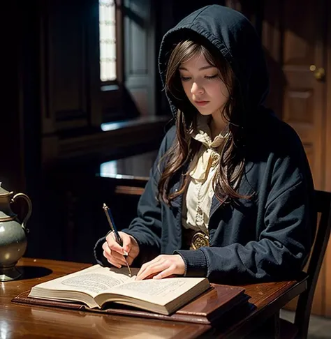 masterpiece, best quality, John Singer Sargent, young sorceress studying, hood up, moody lighting, tranquil, calm, glow, glowing, mystical, magical, rim lighting