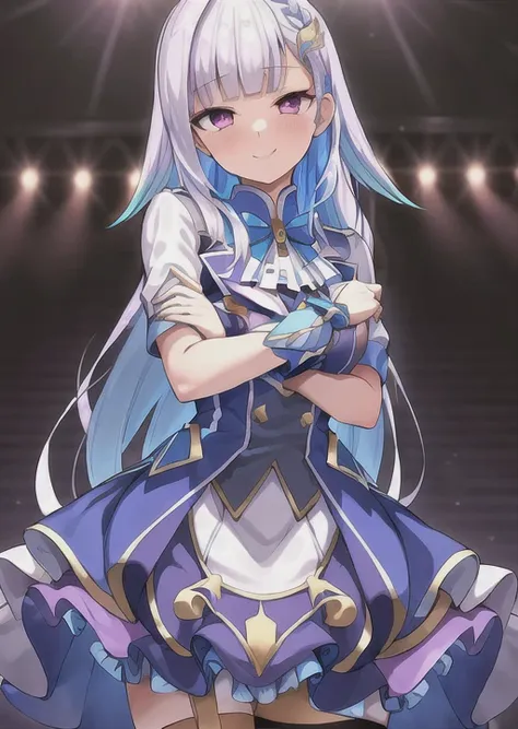 masterpiece, best quality, HDR, high quality, perfect hands++, (Delicate eyes), solo, idolize, dynamic pose, blue hair, upper focus, close-up, smile, purple eyes, blush++, looking at viewer, night sky, star, stage, breast lift++, crossed arms++
