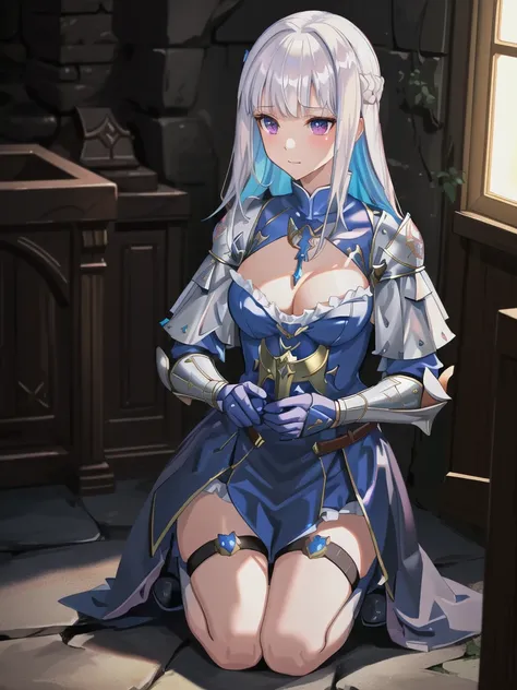 masterpiece, best quality,dungeon,1girl,kneeling,
knights templar girl, front-only armor, shiny skin, holding sword,
thigh strap, hair ornament, layered petticoat,
holy symbol on armor, chest ornament,filigree armor, ARMORLIZE,
<lora:lizeHelesta_v019:0.5>