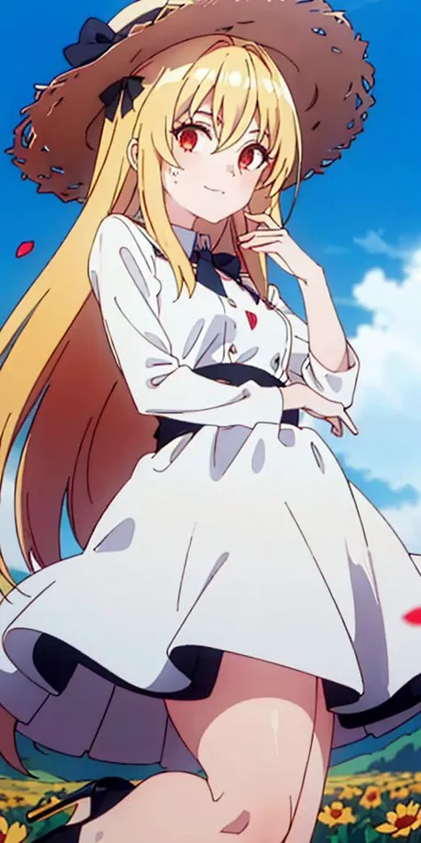 masterpiece,best quality,detaed face,beautiful pictures,excellent quality,perfect eyes,look at viewer,ultra high quality,RAW photo,8k,dof,bokeh,fine details,cinematic,film grain,<lora:Terakomari_Gandesblood-10:0.8>,terako,red eyes,blonde hair,very long hair,hair intakes,white dress,high heels,straw hat,ribbon on hat,holding flowers,flowers field,