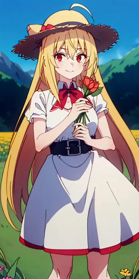 masterpiece,best quality,detaed face,beautiful pictures,excellent quality,perfect eyes,look at viewer,ultra high quality,RAW photo,8k,dof,bokeh,fine details,cinematic,film grain,<lora:Terakomari_Gandesblood-10:0.8>,terako,red eyes,blonde hair,very long hair,ahoge,hair bun,hair intakes,cone hair bun,white dress,high heels,straw hat,ribbon on hat,holding flowers,flowers field,