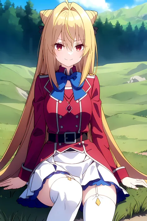 <lora:Terakomari_Gandesblood:0.9>, long hair, skirt, blonde hair, red eyes, thighhighs, long sleeves, bow, very long hair, ahoge, belt, bowtie, hair bun, white thighhighs, garter straps, blue bow, hair intakes, white skirt, blue bowtie, cone hair bun, looking at viewer, smile, closed mouth, outdoors, sitting on grass, (beautiful detailed eyes:1.6), extremely detailed face, perfect lighting, extremely detailed CG, (perfect hands, perfect anatomy), white thighhighs,
