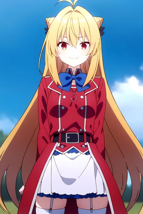 <lora:Terakomari_Gandesblood:0.9>, long hair, skirt, blonde hair, (red eyes:1.2), thighhighs, long sleeves, bow, very long hair, ahoge, belt, bowtie, hair bun, white thighhighs, garter straps, blue bow, hair intakes, white skirt, blue bowtie, cone hair bun, looking at viewer, smile, closed mouth, outdoors, extremely detailed face, perfect lighting, (perfect hands, perfect anatomy), white thighhighs, red shirt, standing, looking at viewer, cowboy shot, arms behind back,