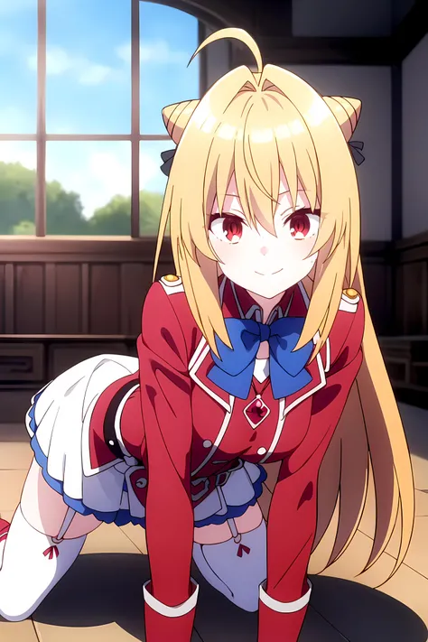 <lora:Terakomari_Gandesblood:0.9>, long hair, skirt, blonde hair, (red eyes:1.2), thighhighs, long sleeves, bow, very long hair, ahoge, belt, bowtie, hair bun, white thighhighs, garter straps, blue bow, hair intakes, white skirt, blue bowtie, cone hair bun, looking at viewer, smile, closed mouth, outdoors, extremely detailed face, perfect lighting, (perfect hands, perfect anatomy), white thighhighs, red shirt, looking at viewer, indoors, all fours,