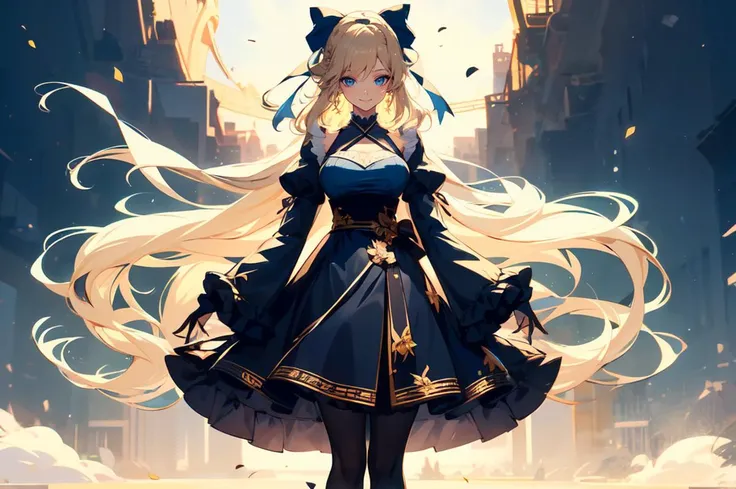 ultra detailed, masterpiece, best quality,<lora:Ultron Style:1> Ultron Style,Ultron Girl ,Female warrior,
solo, soft smile, light smile, layered clothes,
1girl, blue eyes, very long hair, blonde hair, long blonde hair, french braid, bangs, medium ,
hair ribbon, frilled choker, criss-cross halter, sleeveless dress, high-waist skirt, backless dress, waist bow, detached sleeves, frilled sleeves, wide sleeves, pantyhoatterned legwear, mary janes,