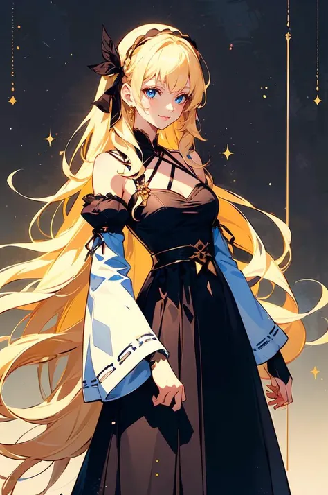 ultra detailed, masterpiece, best quality,<lora:Ultron Style:1> Ultron Style,Ultron Girl ,Female warrior,
solo, soft smile, light smile,
1girl, blue eyes, very long hair, blonde hair, long blonde hair, french braid, bangs, medium ,
hair ribbon, frilled choker, criss-cross halter, sleeveless dress, high-waist skirt, backless dress, waist bow, detached sleeves, frilled sleeves, wide sleeves, pantyhoatterned legwear, mary janes,