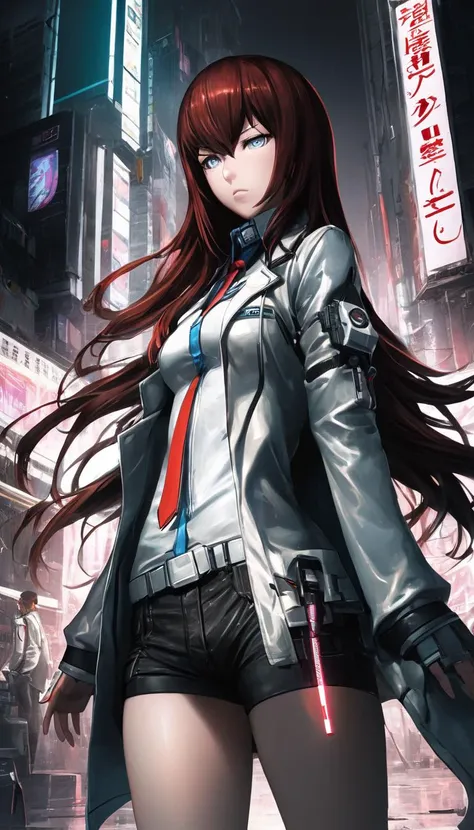 Kurisu Makise, Steins;Gate, (reimagined in a cyberpunk universe), (cyberpunk style), (cyberpunk), (cyberpunk outfit), augmentation, cybernetics, (cyberpunk outfit), (punk hair), glowing neon lights, cinematic scene, hero view, action pose, masterpiece, best quality, high quality, absurdres, vivid <lora:kurisu_makise:1>, detailed skin texture, (blush:0.5), (goosebumps:0.5), subsurface scattering