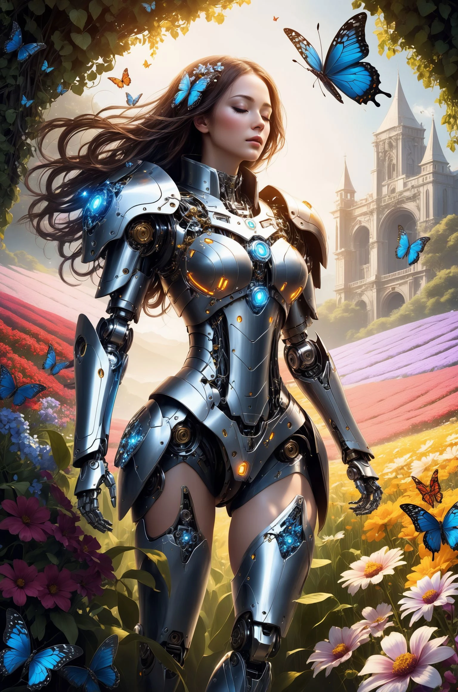 (masterpiece, best quality), (1mechanical girl), (closing eyes), mechanical arms, upper body, ultra detailed, highly detailed, cinematic lighting, intricate details, colorful butterflies, (flowers growing on the mechanical body), (vines connecting to body), (detailed damaged cape), mecha, robot, detailed shiny armor, (warm light), (specular light:1.2), (flower field background:1.4), (glowing runes),
(tutufc),
<lora:sdxl_tutufc-000002:0.85>
