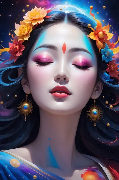 a beautiful girl , closed eyes, portrait , style-paintmagic , (((splash of paint))), (((colorful))), (((floating colorful paint))), goddess of death, Japanese mythology,(featuring mythical creatures), solar system, milky way, dream, fantasy, (abstract background:1.3), masterpiece, ultra realistic, 32k, extremely detailed CG unity 8k wallpaper, best quality,
((tutufc)),
<lora:sdxl_tutufc-000002:0.65>