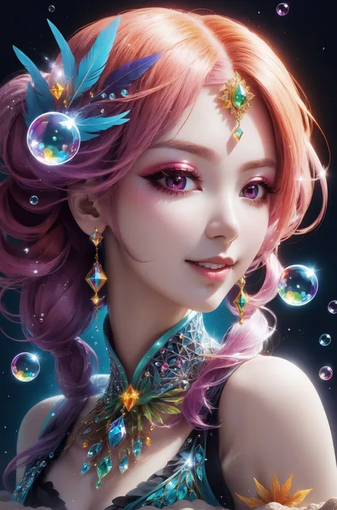 Quadratic elementgirl, pink hair, double ponytail, (Highest picture quality), (Master's work), (ultra-detailed), (Detailed eye description:1.0), (lens flare:1.0), (movie poster:1.0), (Tarot border:1.0), the portrait is centered, (close-up:1.0), (negative space:0.8), (anime style:1.6), (solo), (floating colorful {wind|water magic|ink|crystals|ice|fire|flame|lightning|web|rocks|sand|particles|sparkles|blood}:1.0),(many colorful {soap bubbles|clouds|thorns|spikes|vines|currents|spirals|halos|wings|tatoos|cubes|octahedron}:1.0), (floating {red|green|blue|aqua|purple|yellow|black|white|grey|pink|orange|lime} {ribbons|feathers|particles|blades|droplets|snowflakes|soft balls}:1.0),({crystal|ice|fire|flame|wind|water|earth|stone|space|musical|sonic|vortex} {magic|wings}:1.0), ({ray tracing,glowing|dappled sunlight,light rays,caustics|night,black theme|mysterious,eerie|easygoing,pastel}:1.2), ({colorful|iridescent|multicolored}:1.0),(beautiful detailed glow:1.0), ({leaning forward|leaning back|leaning to the side|}:1.2), {(smile:1.0)|(smirk:1.0)|(grim expression:1.0)}, ({small|small||lips, eyelashes}:1.0), {(open mouth:1.0)|(closed mouth:1.0)|}, ({eyelashes|eyeshadow||}), {one eye closed|||}, ({red|green|blue|aqua|purple|yellow|black|white|grey|pink|orange|lime}, hair:1.4),
(tutufc),
<lora:sdxl_tutufc-000002:0.85>