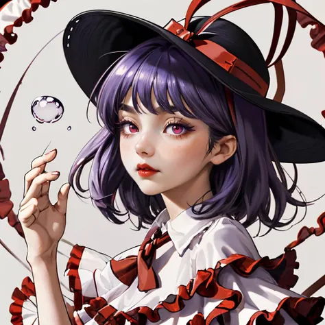 purple hair, wavy hair, frilled capelet, red eyes, 1girl, bow, black headwear, ribbon, lips, hat bow, rylusus, hagoromo, frills, short hair, solo, closed mouth, red bow, bubble, nagae iku, capelet, hat, white shirt, shirt, eyelashes, hat ribbon, shawl, red lips, frilled shawl <lora:nagaeiku:0.8>