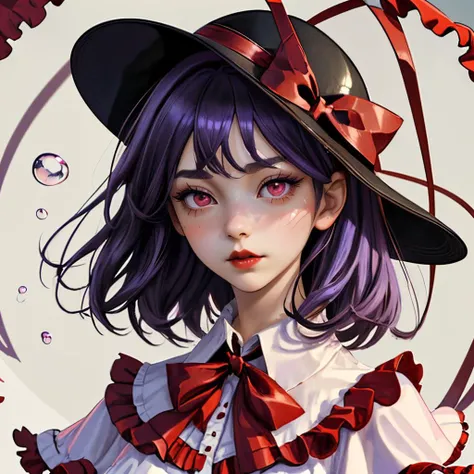 purple hair, wavy hair, frilled capelet, red eyes, 1girl, bow, black headwear, ribbon, lips, hat bow, rylusus, hagoromo, frills, short hair, solo, closed mouth, red bow, bubble, nagae iku, capelet, hat, white shirt, shirt, eyelashes, hat ribbon, shawl, red lips, frilled shawl <lora:nagaeiku:0.8>
