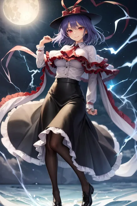 masterpiece, best quality, <lora:nagaeiku:1>,1girl, nagae iku, solo, hat, red eyes, pantyhose, shawl, short hair, purple hair, skirt, ribbon, frills, lightning, black pantyhose, capelet, electricity, looking at viewer, blue hair, hat ribbon, long sleeves, shirt, smile, ascot, shoes, bow, full body, breasts, moon, medium breasts