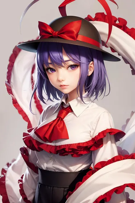 masterpiece, best quality, <lora:nagaeiku:1>,1girl,nagae iku, hat,hat ribbon,purple hair, short hair,purple eyes, bow,ascot,shawl,frills,shirt,skirt,grey background,