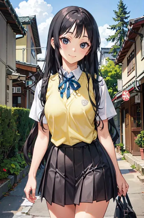 solo, cowboy shot, smile, <lora:akiyama_mio:0.8> bbmio,black eyes,long hair,hime cut,blunt bangs,sakuragaoka high school uniform,school uniform,short sleeves,sweater vest,neck ribbon,collared shirt,white shirt,grey skirt,brown footwear,, ultra detailed, masterpiece, best quality, aesthetic, detailed,