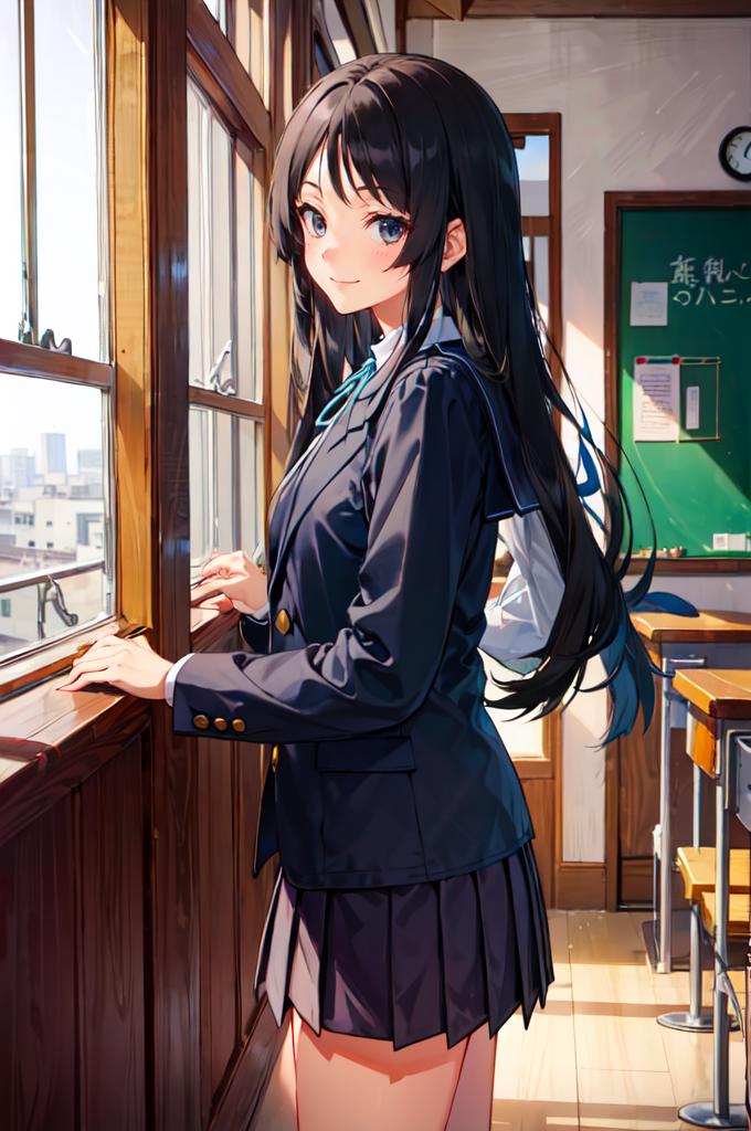 Anime girl in school uniform looking out a window at the city - SeaArt AI