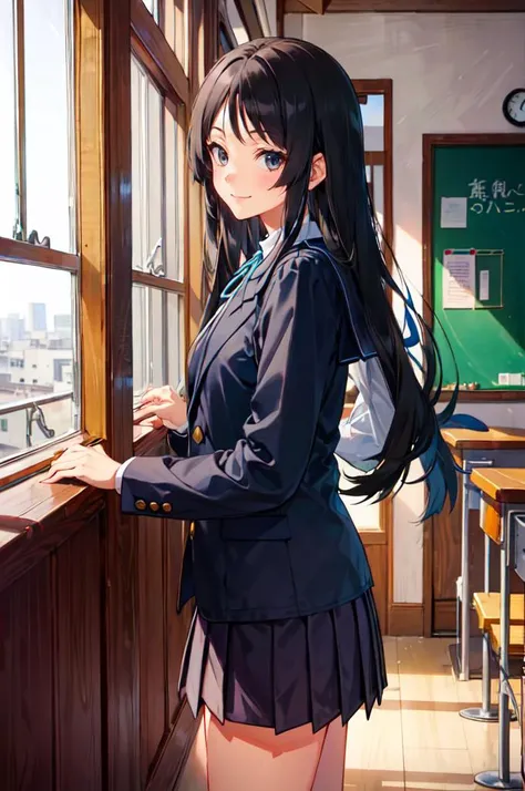 solo, cowboy shot, smile, <lora:akiyama_mio:0.8> aamio,black eyes,long hair,hime cut,blunt bangs,sakuragaoka high school uniform,school uniform,(blue jacket:1.4),long sleeves,collared shirt,white shirt,neck ribbon,grey skirt,socks,black socks,brown footwear,, ultra detailed, masterpiece, best quality, aesthetic, detailed,