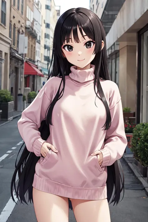 masterpiece,best quality,highres,ultra-detailed,aamio,black eyes,long hair,hime cut,blunt bangs,<lora:akiyama_mio:0.8>,(sweater:1.2),turtleneck,street,smile,standing,no pants,