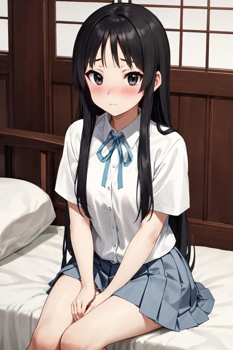 Super delicate cute girl in school uniform with black hair、1人、a junior high school student、14years、8K Ultra High Definition, Delicate texture、home、Own room、sit on a bed、(open one's legs:1.5)、with blush cheeks、kiss face、Puzzled、evening、