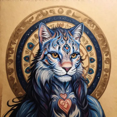 raw photo, masterpiece, n8tr1, thecrumpeffect, 1girl, midshot, N8tr1 and furry aesthetics. A fullcat manifestation of Natrani, a majestic anthropomorphic feline form, her bodypainted fur patterned with celestial designs. The heart and third eye symbols prominent as ever, <lora:NATRANI:.75>