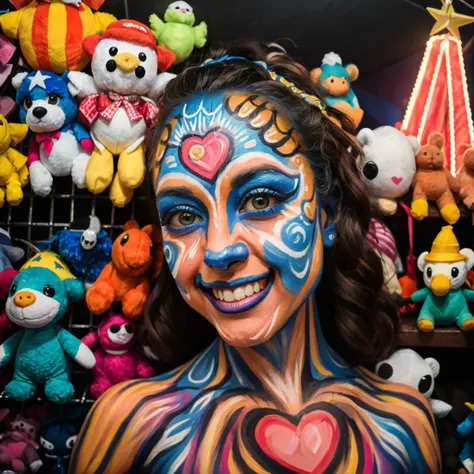 raw photo, masterpiece, n8tr1, thecrumpeffect, 1girl, midshot, Ravecore and n8tr1 aesthetics. Natrani at the fair, next to stuffed animals and toys in the background, her bodypaint reflecting the vibrant lights and colors of the carnival, with the heart and third eye as focal points, smiling <lora:NATRANI:.75>