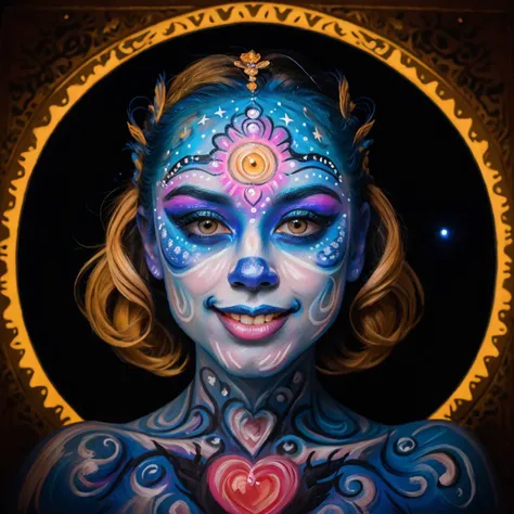 raw photo, masterpiece, n8tr1, thecrumpeffect, 1girl, An Asian Woman with celestial aesthetics. Natrani as a goddess of dance against a backdrop of stars. Her bodypaint reflects the cosmos, with the heart and third eye glowing like distant stars, bioluminescent hair, chromatic makeup, wearing black gloves, Japanese, smiling <lora:NATRANI:.75>