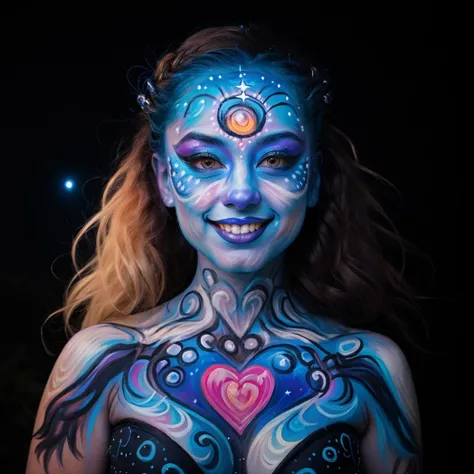 raw photo, masterpiece, n8tr1, thecrumpeffect, 1girl, An Asian Woman with celestial aesthetics. Natrani as a goddess of dance against a backdrop of stars. Her bodypaint reflects the cosmos, with the heart and third eye glowing like distant stars, bioluminescent hair, chromatic makeup, wearing black gloves, Japanese, smiling <lora:NATRANI:.75>