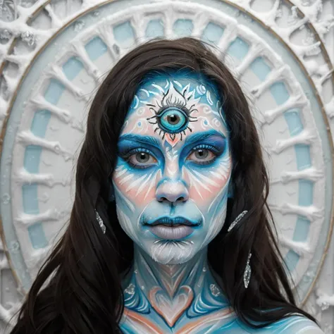 raw photo, masterpiece, n8tr1, thecrumpeffect, 1girl, Iceeffect and n8tr1 aesthetics. Natrani in her iceincarnation, bodypainted with frost patterns, her black hair contrasting with the icy surroundings. The heart and third eye are accented with icicle designs, <lora:NATRANI:.75>