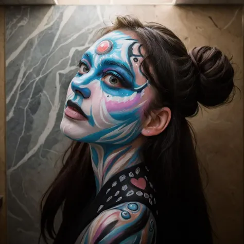 raw photo, masterpiece, n8tr1, thecrumpeffect, 1girl, midshot, a girl with Black hair in hair buns, Emocore and n8tr1 aesthetics. A teen version of Natrani, her bodypaint reflecting emo styles with dark colors, but still showcasing the heart and third eye. Set against a grey marble background, capturing her youthful spirit, (volumetric lighting:1.2),<lora:NATRANI:.75>