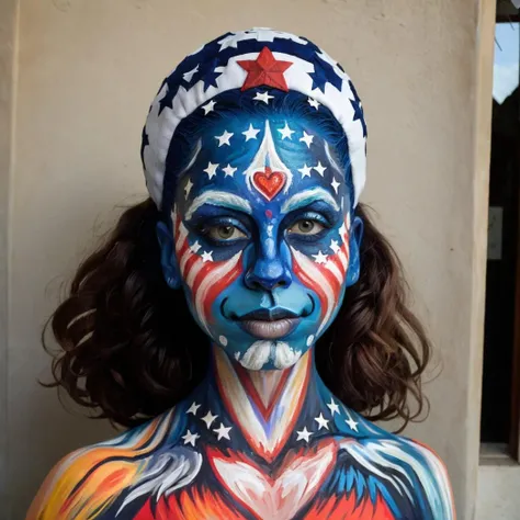 raw photo, masterpiece, n8tr1, thecrumpeffect, 1girl, N8tr1 and patriotic aesthetics. Freedom Natrani, bodypainted in red, white, and blue, stars on her head, Her heart and third eye shine with the spirit of freedom, <lora:NATRANI:.75>
