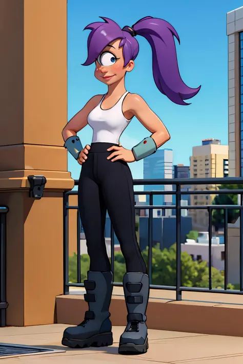 leela,long purple hair, black eye, ponytail, cyclops, lipstick, black pants,white tank top, cleavage, boots, looking at viewer, smiling, full body shot, standing, hands on hips, outside, balcony, cityscape, blue sky, high quality, masterpiece, <lora:leela:.6> <lora:cyclops_cpt_v01:.6> cyclopscpt
