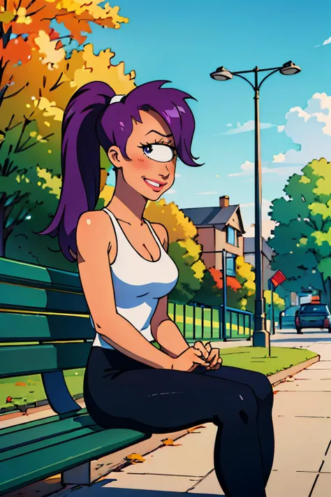 leela,long purple hair, ponytail, black eyes, cyclops, lipstick, black pants,white tank top, cleavage, looking at viewer, serious, smiling, sitting, on bench, outside, park, trees, winter, blue sky, high quality, masterpiece, <lora:leela:.6> <lora:cyclops_cpt_v01:.6> cyclopscpt