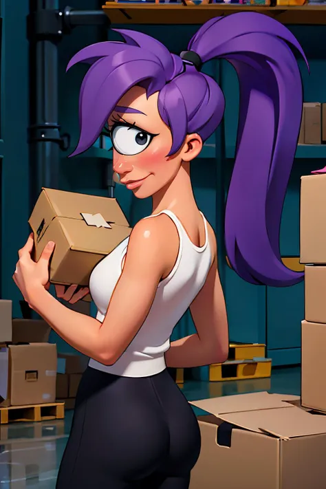 leela,long purple hair, ponytail, black eyes, cyclops, lipstick,white tank top, black pants, cleavage, ass, looking back at viewer, serious, smirk, carrying box, inside warehouse, from_behind, soft lighting, high quality, masterpiece, <lora:leela:.6> <lora:cyclops_cpt_v01:.6> cyclopscpt