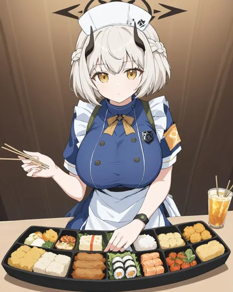 sena \(blue archive\),1girl, solo, breasts, looking at viewer, large breasts, hat, dress, holding, sitting, closed mouth, braid, short sleeves, horns, apron, blue dress, halo, armband, white apron, chopsticks, nurse cap, holding chopsticks, bento, shrimp, tempura, shrimp tempura
<lora:Sena_image57_v1-000045:1>,halo,. gorgeous,key visual, vibrant, studio anime,award-winning, professional, highly detailed,high budget, cinemascope