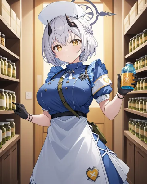 sena \(blue archive\),1girl, horns, solo, black_gloves, nurse_cap, breasts, halo, looking_at_viewer, holding, bottle, braid, puffy_short_sleeves, indoors, blurry, white_apron, jar, dress
<lora:sena_(blue_archive)_image207_2023-11-28:1>halo. gorgeous,key visual, vibrant, studio anime,award-winning, professional, highly detailed,high budget, cinemascope