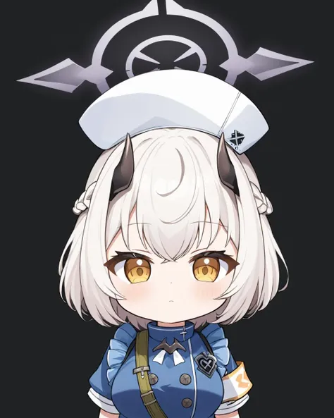 sena \(blue archive\),1girl, nurse_cap, halo, solo, braid, looking_at_viewer, black_background, black_horns, armband, upper_body, closed_mouth, simple_background, chibi, blush, demon_horns
<lora:sena_(blue_archive)_image207_2023-11-28:1>halo. gorgeous,key visual, vibrant, studio anime,award-winning, professional, highly detailed,high budget, cinemascope