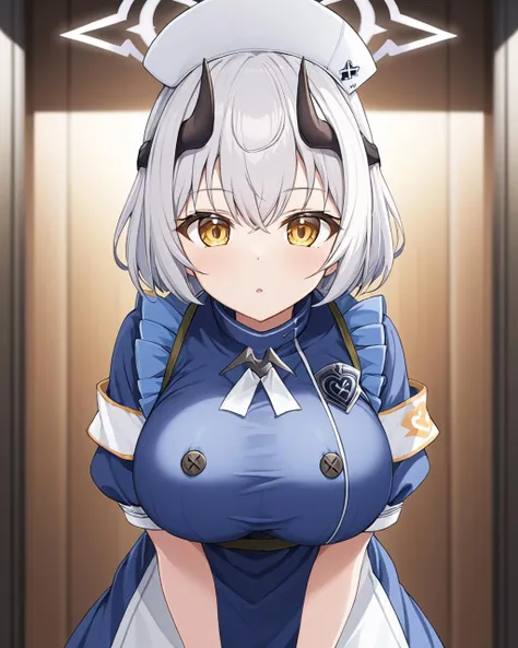 sena \(blue archive\),1girl, nurse_cap, solo, looking_at_viewer, black_horns, large_breasts, halo, blue_dress, armband, blurry_background, apron, short_sleeves, :o, nurse, open_mouth, leaning_forward
<lora:sena_(blue_archive)_image207_2023-11-28:1>halo. gorgeous,key visual, vibrant, studio anime,award-winning, professional, highly detailed,high budget, cinemascope