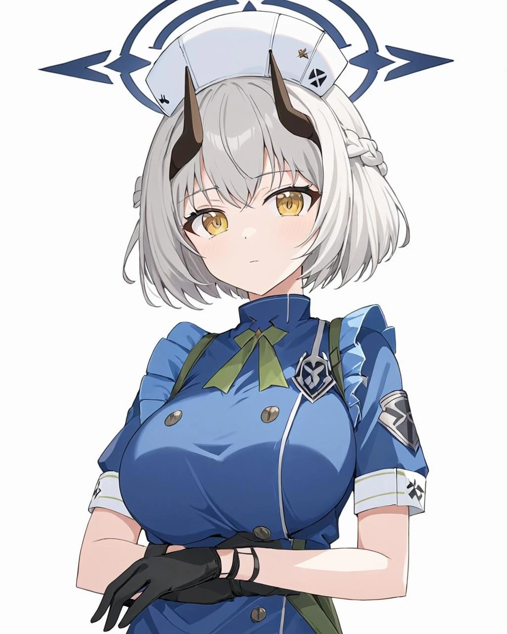sena \(blue archive\),1girl, solo, breasts, looking at viewer, simple background, gloves, hat, white background, closed mouth, braid, short sleeves, horns, black gloves, halo, nurse cap
<lora:Sena_image57_v1-000045:1>,halo,. gorgeous,key visual, vibrant, studio anime,award-winning, professional, highly detailed,high budget, cinemascope
