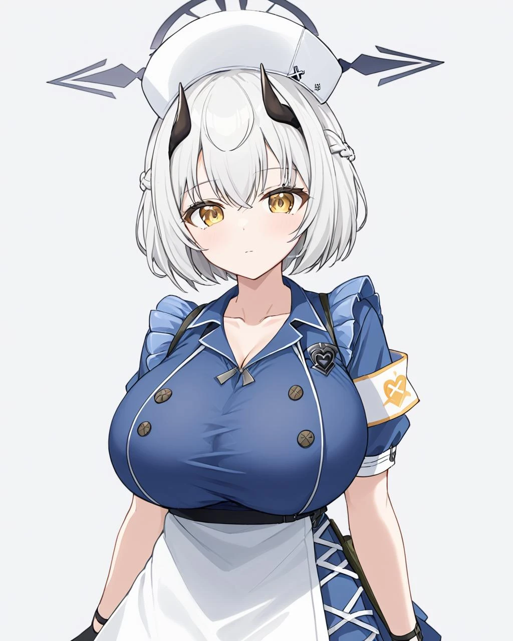 sena \(blue archive\),1girl, black_gloves, halo, solo, nurse_cap, looking_at_viewer, braid, large_breasts, simple_background, closed_mouth, upper_body, cleavage, white_headwear, armband, white_background, black_horns, short_sleeves, collarbone, apron, clothes_pull
<lora:sena_(blue_archive)_image207_2023-11-28:1>halo. gorgeous,key visual, vibrant, studio anime,award-winning, professional, highly detailed,high budget, cinemascope